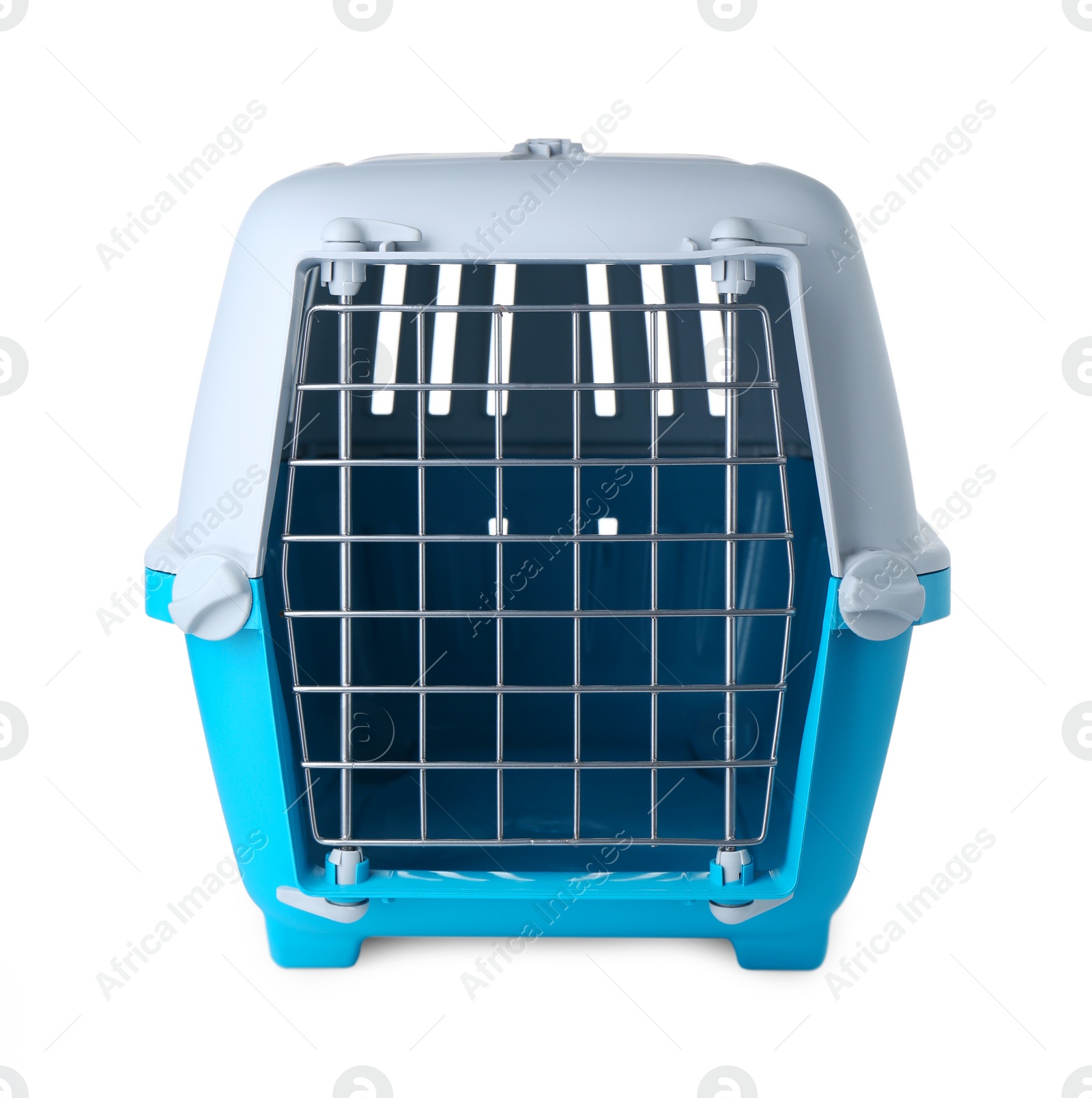 Photo of Light blue pet carrier isolated on white