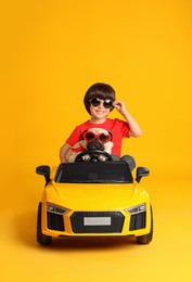 Photo of Little boy with his dog in toy car on yellow background