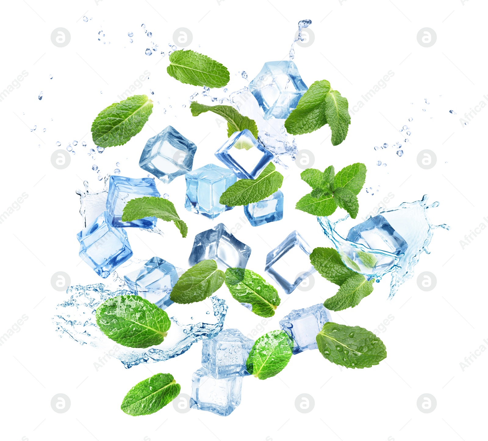 Image of Ice cubes and green mint leaves with water splashes on white background