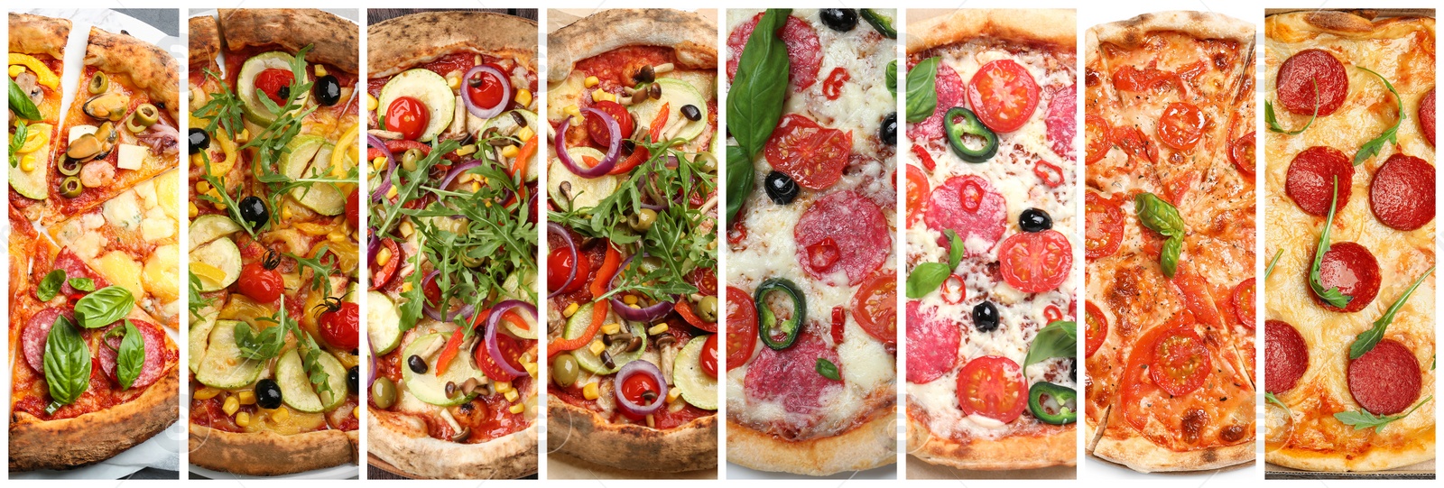 Image of Collage with different pizzas, top view. Banner design 