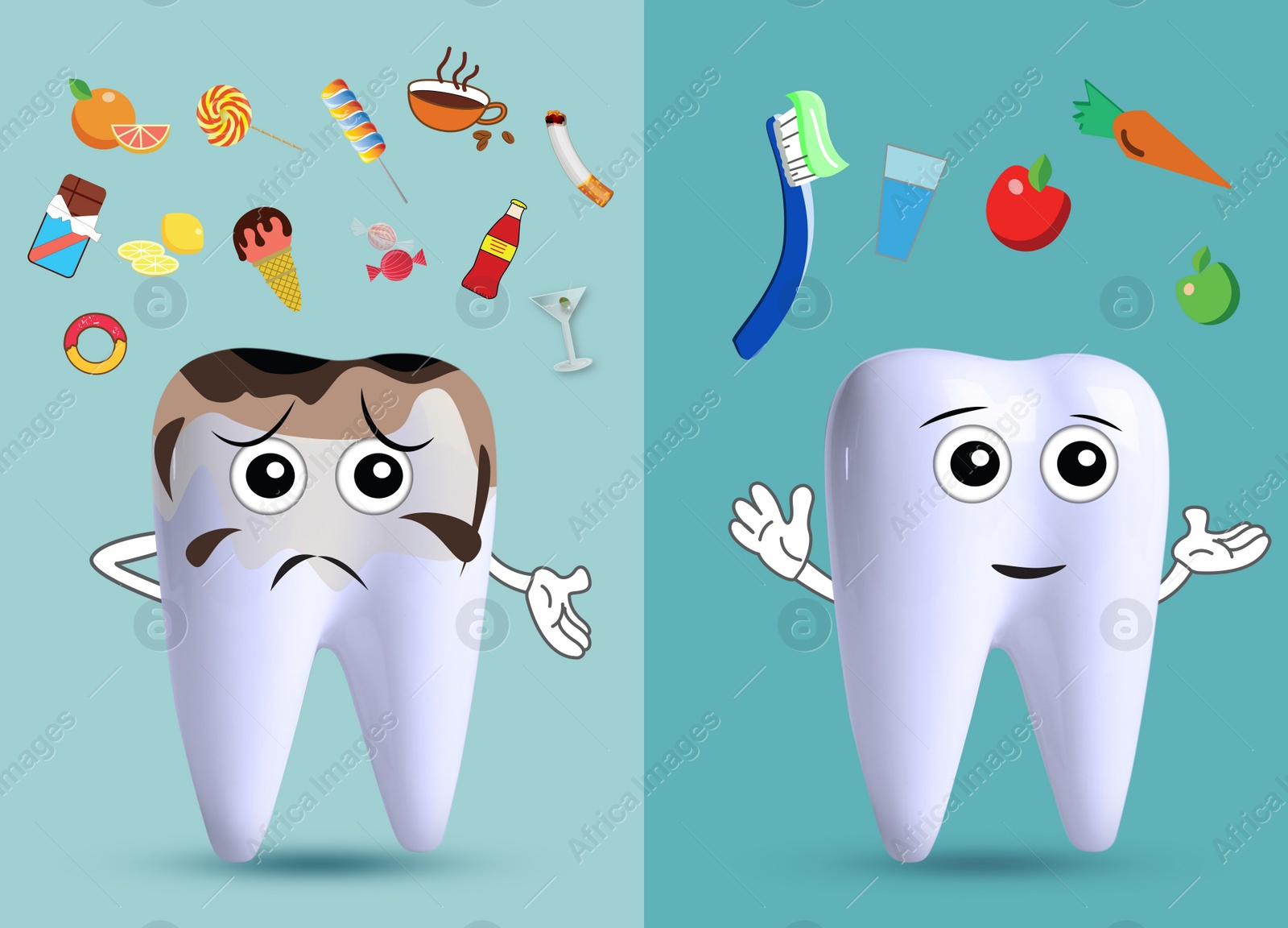 Illustration of Healthy and unhealthy teeth and different products on turquoise background, illustration. Dental care