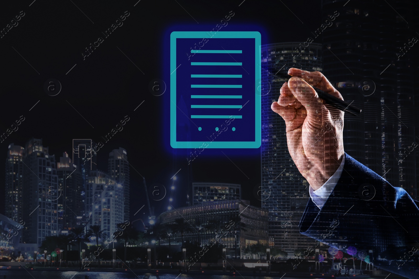 Image of Electronic signature concept. Double exposure of businessman with pen near virtual screen and night cityscape