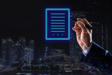 Image of Electronic signature concept. Double exposure of businessman with pen near virtual screen and night cityscape