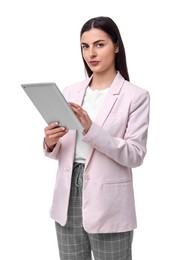 Beautiful businesswoman with tablet on white background