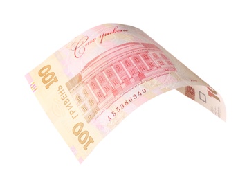 Photo of 100 Ukrainian Hryvnia banknote on white background