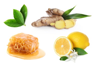 Image of Ginger root, honeycomb and lemon on white background