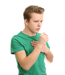 Photo of Teenage boy suffering from cough isolated on white