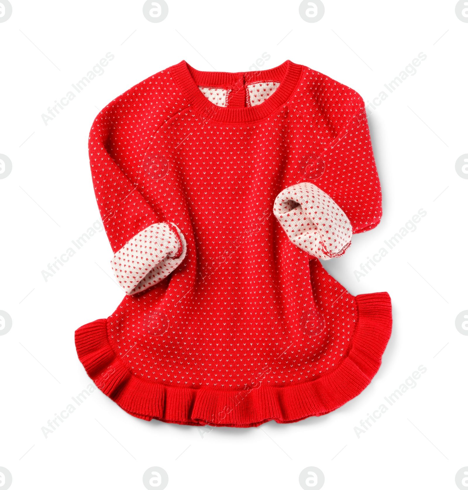 Photo of Red dress on white background, top view. Christmas baby clothes