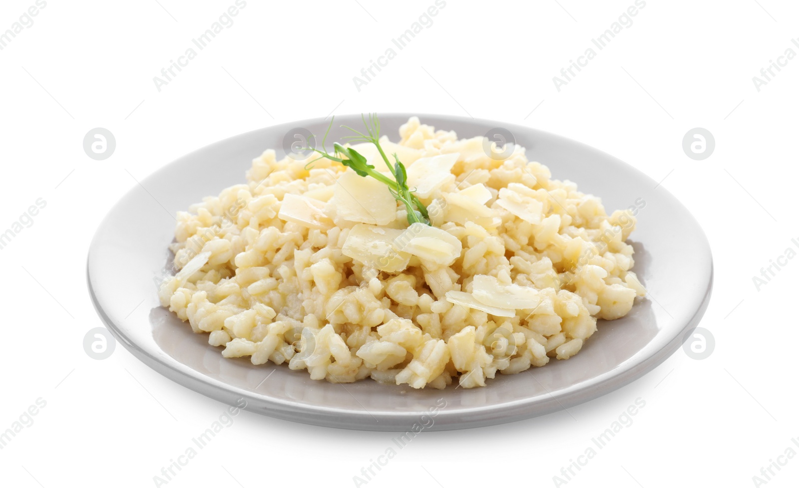 Photo of Delicious risotto with cheese isolated on white