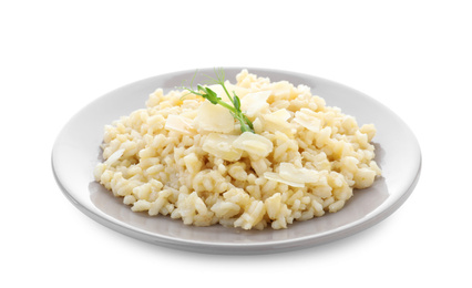 Photo of Delicious risotto with cheese isolated on white