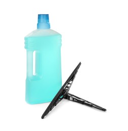 Bottle of windshield washer fluid and wipers on white background