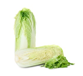Photo of Fresh whole and cut Chinese cabbages isolated on white