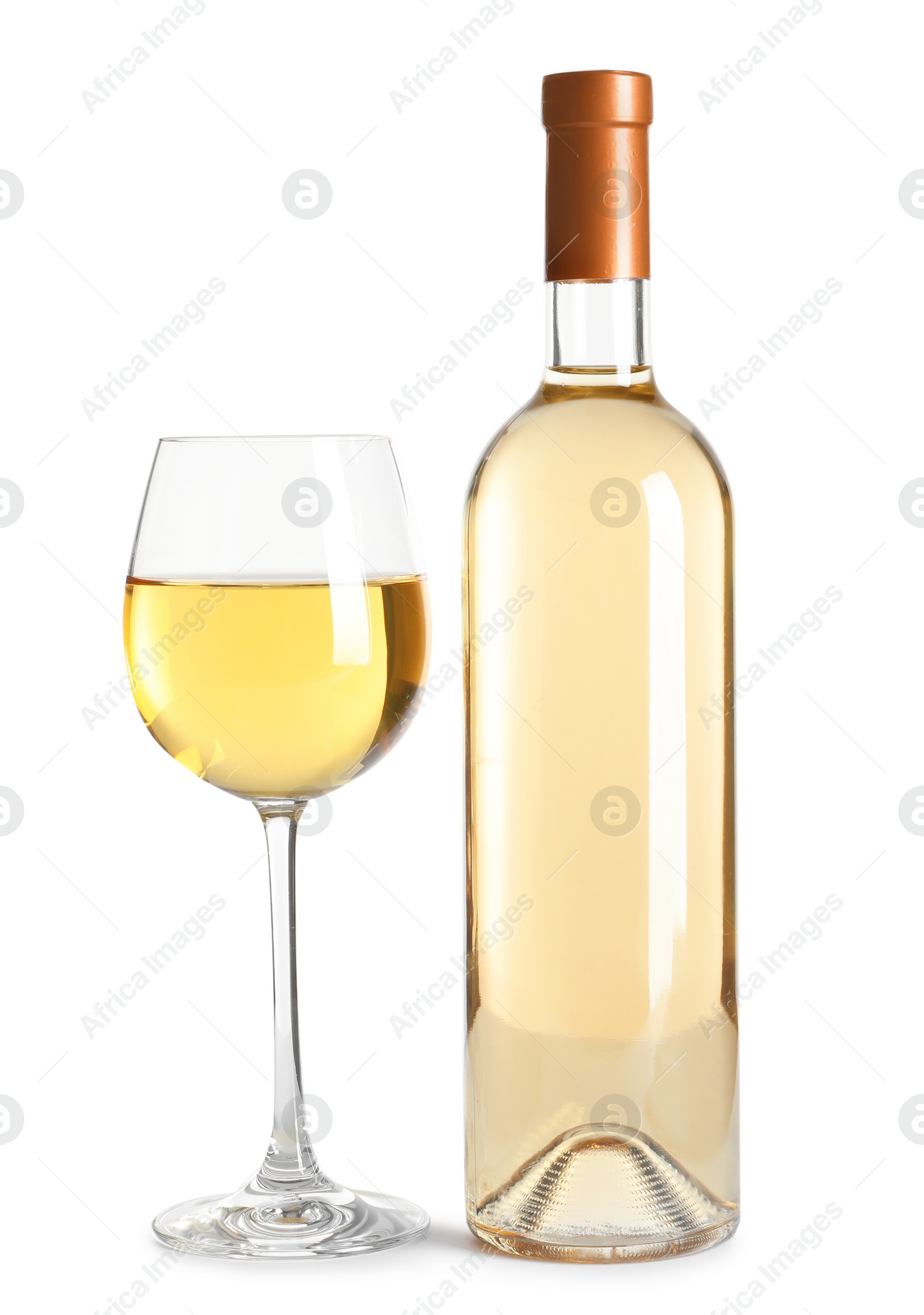 Photo of Glass and bottle of delicious wine on white background