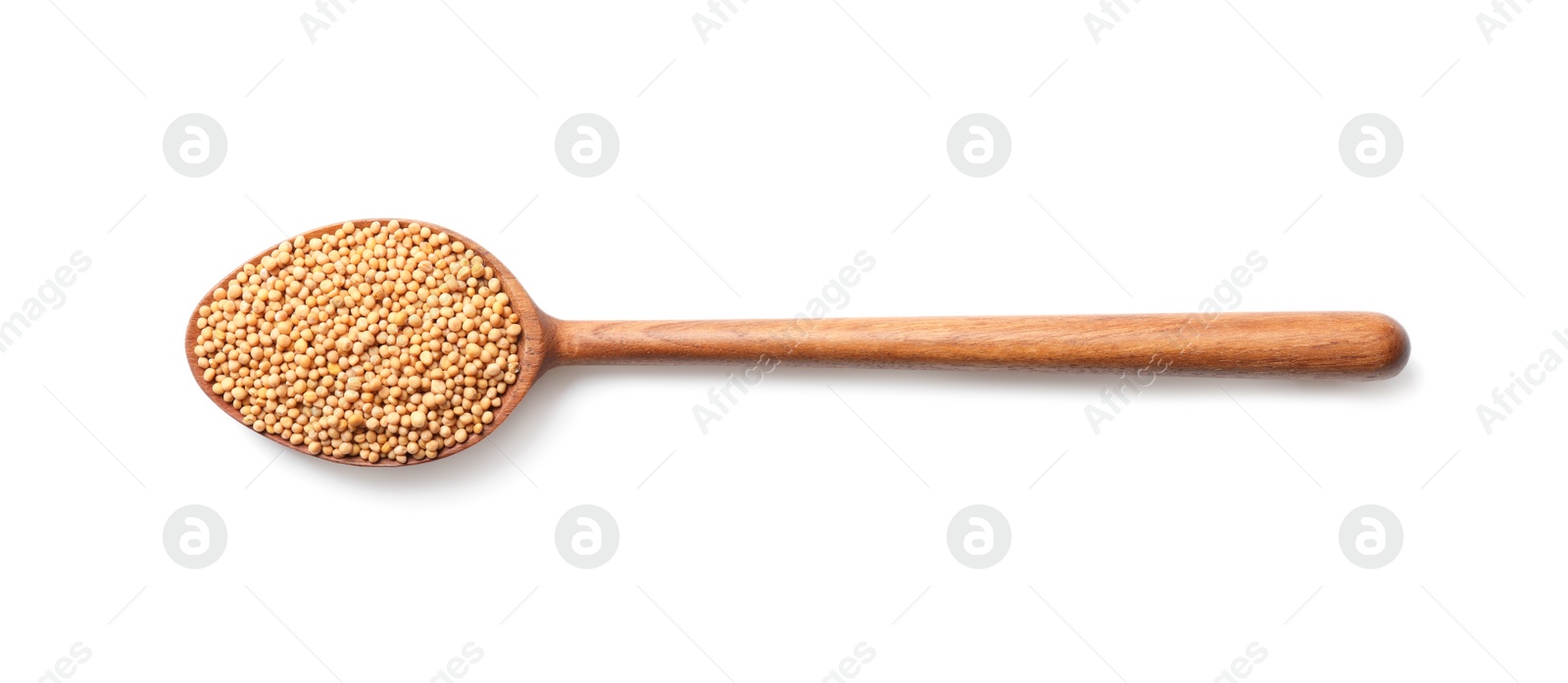 Photo of Spoon with mustard seeds on white background, top view