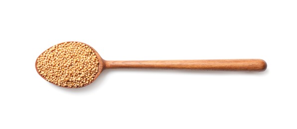 Spoon with mustard seeds on white background, top view