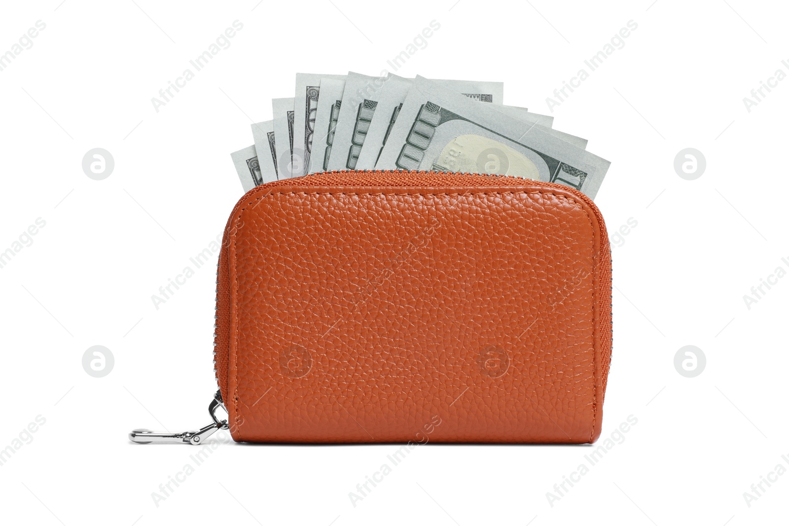 Photo of Stylish brown leather purse with money isolated on white