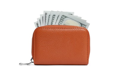 Stylish brown leather purse with money isolated on white