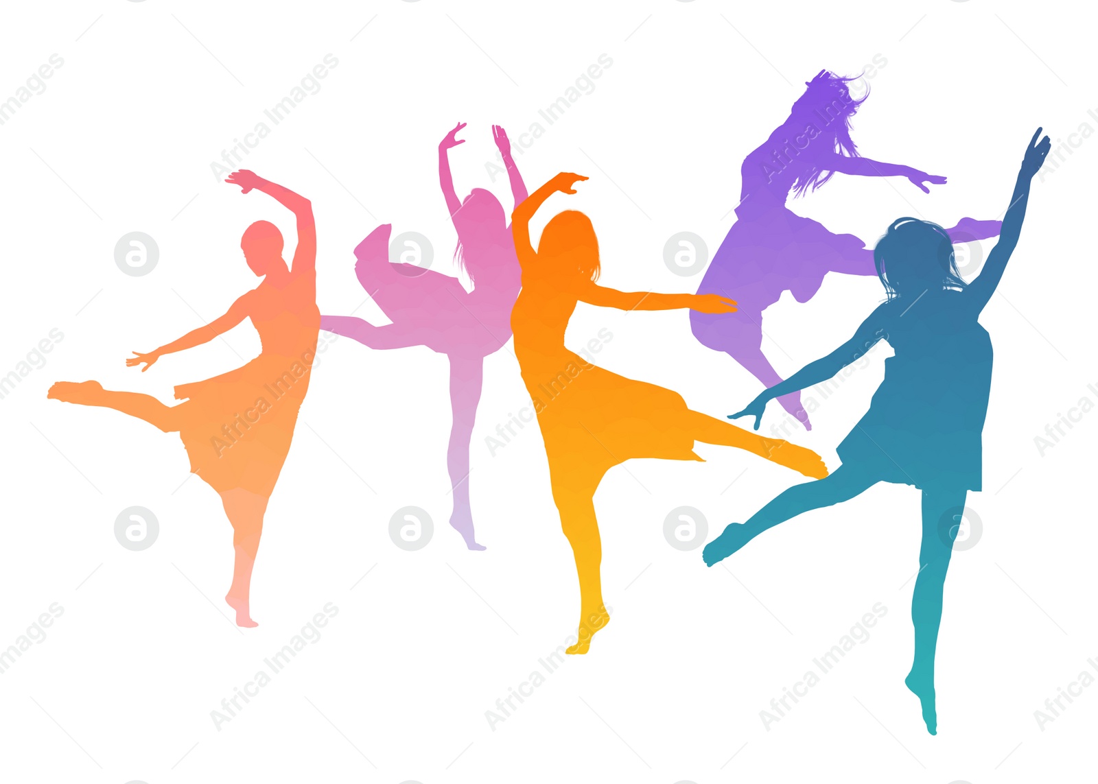 Illustration of Colorful silhouettes of women dancing on white background. Illustration