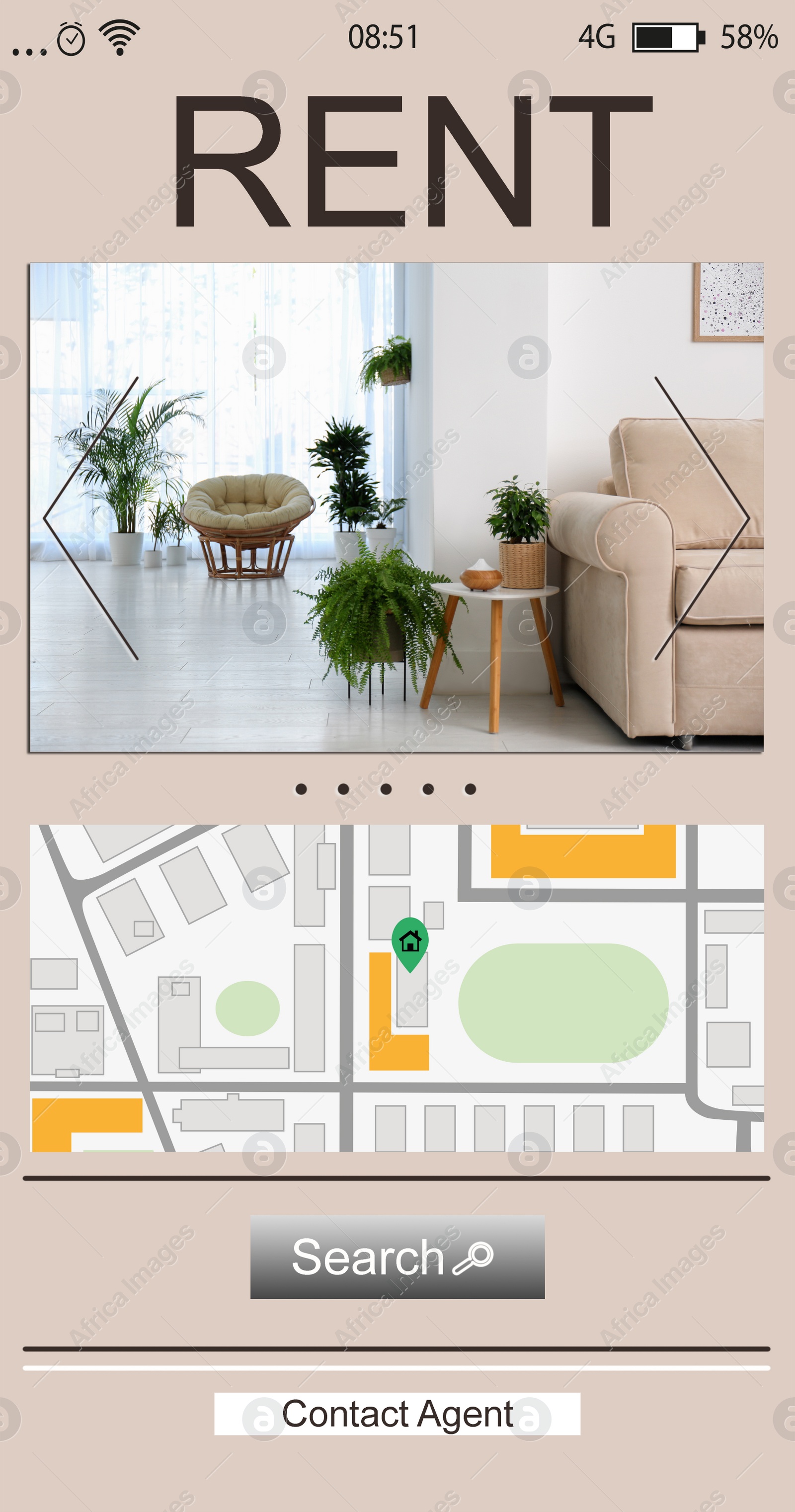 Image of Property search agency application. Rental information: photo of living room and map with address point