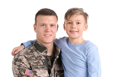 Male soldier with his family on white background. Military service