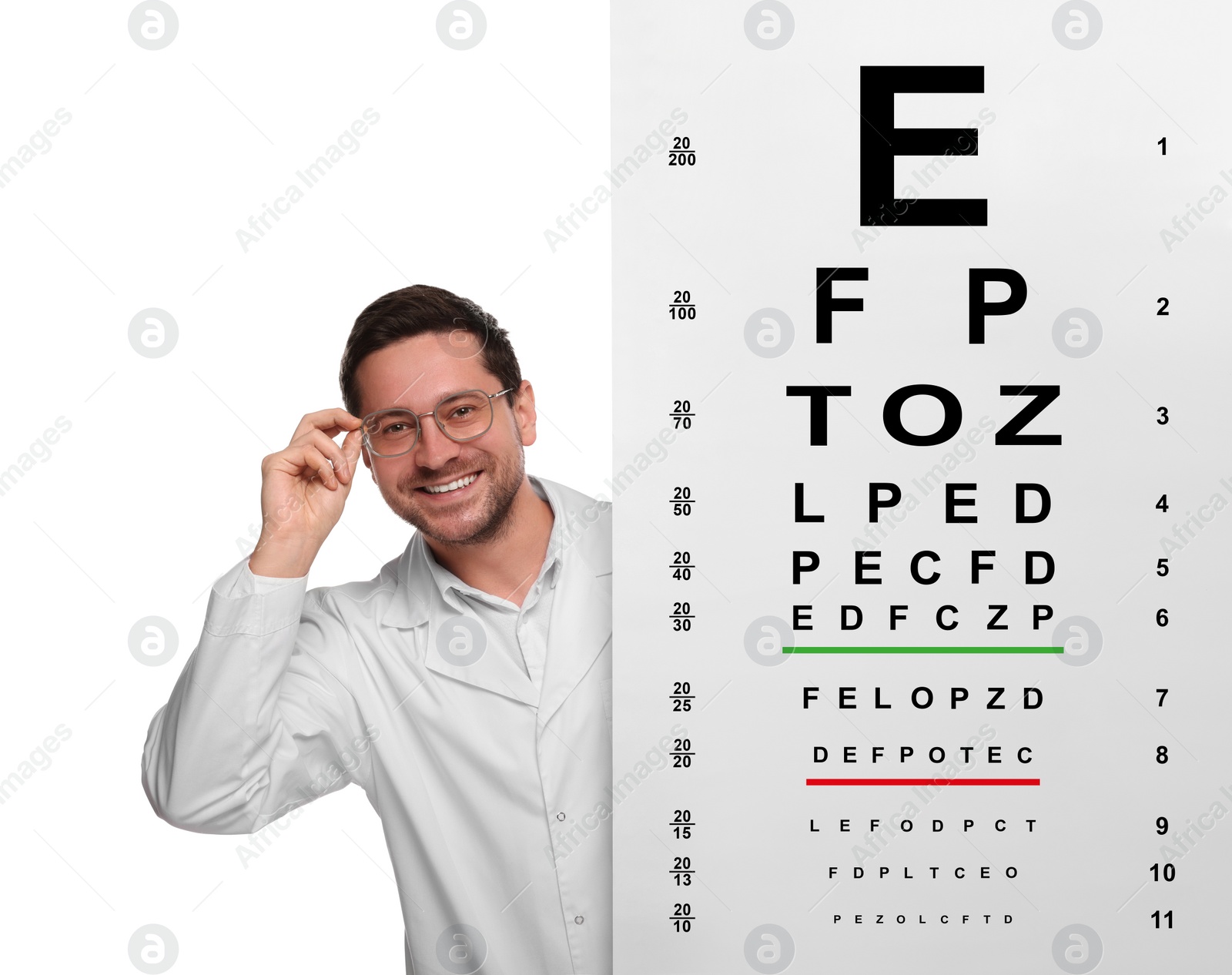 Image of Ophthalmologist with vision test chart on white background