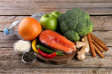 Metabolism. Different food products on wooden table