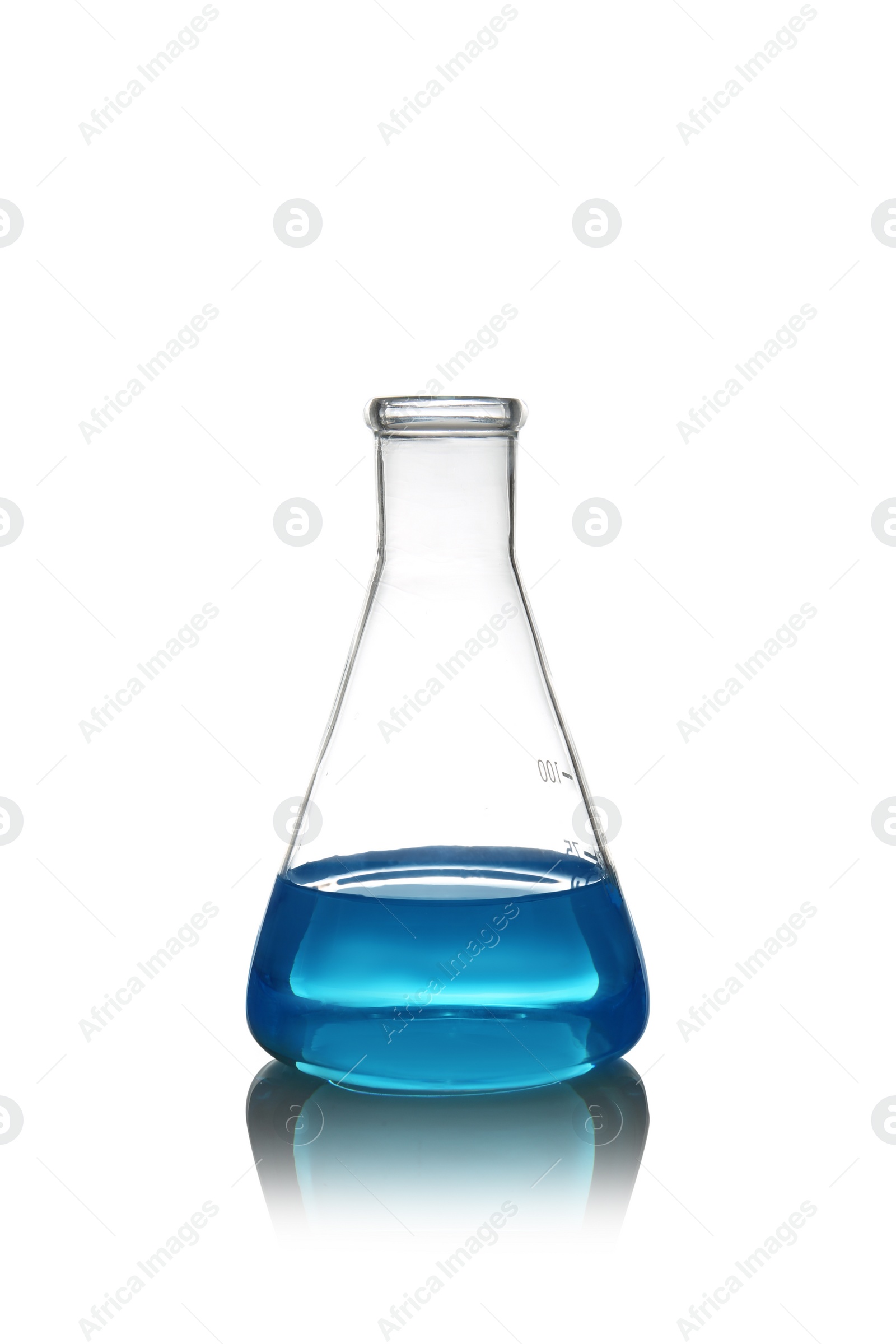 Photo of Conical flask with liquid on table against white background. Laboratory analysis