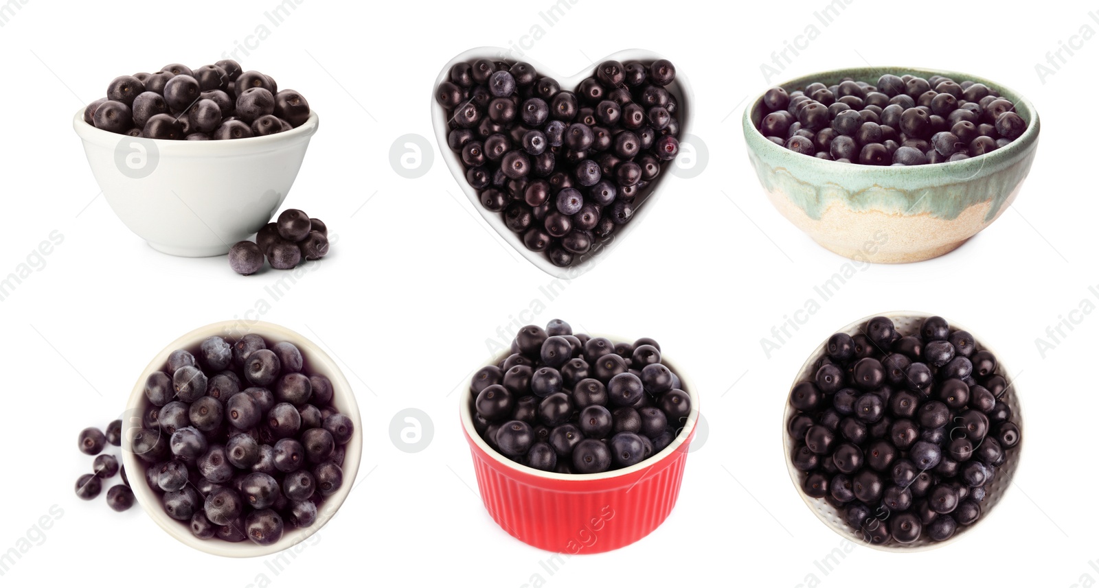 Image of Set of fresh acai berries in bowls on white background. Banner design