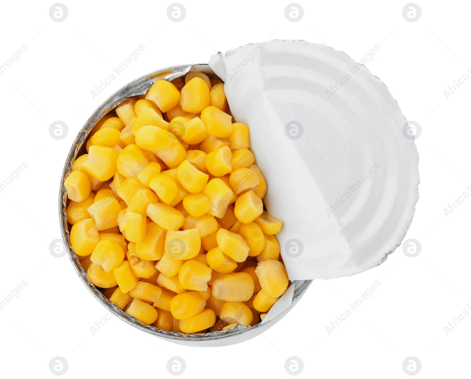 Photo of Tin can with conserved corn on white background, top view