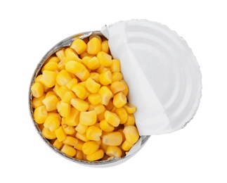 Photo of Tin can with conserved corn on white background, top view