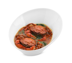 Photo of Delicious boiled crabs with sauce isolated on white