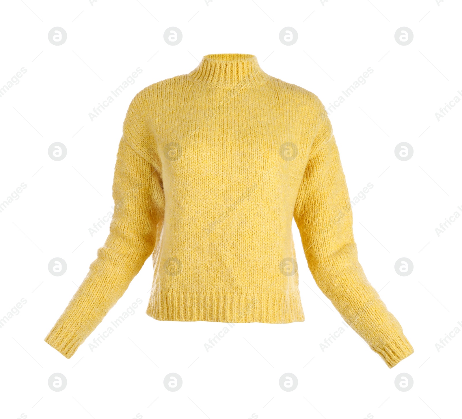 Photo of Stylish warm yellow sweater isolated on white