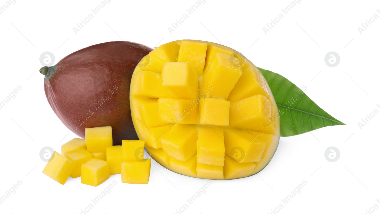 Photo of Cut and whole ripe mangoes isolated on white