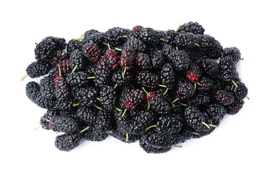Photo of Pile of ripe black mulberries on white background, top view