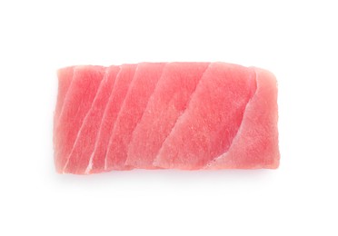 Tasty sashimi (piece of fresh raw tuna) isolated on white, top view