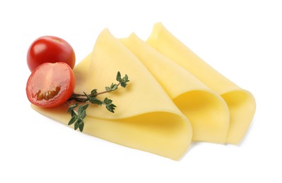 Photo of Slices of tasty fresh cheese, tomatoes and thyme isolated on white