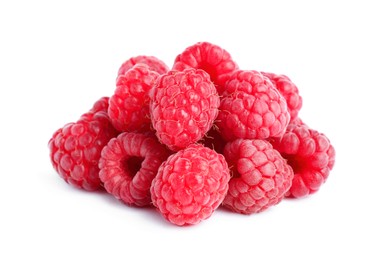 Fresh red ripe raspberries on white background