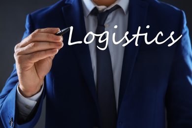 Businessman pointing at word LOGISTICS on virtual screen against dark background, closeup 