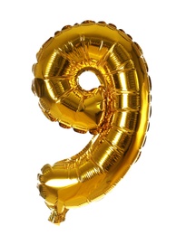 Golden number nine balloon on white background
