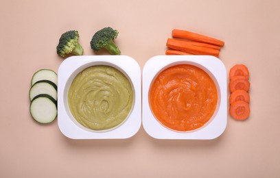 Photo of Bowls with healthy baby food and ingredients on beige background, flat lay