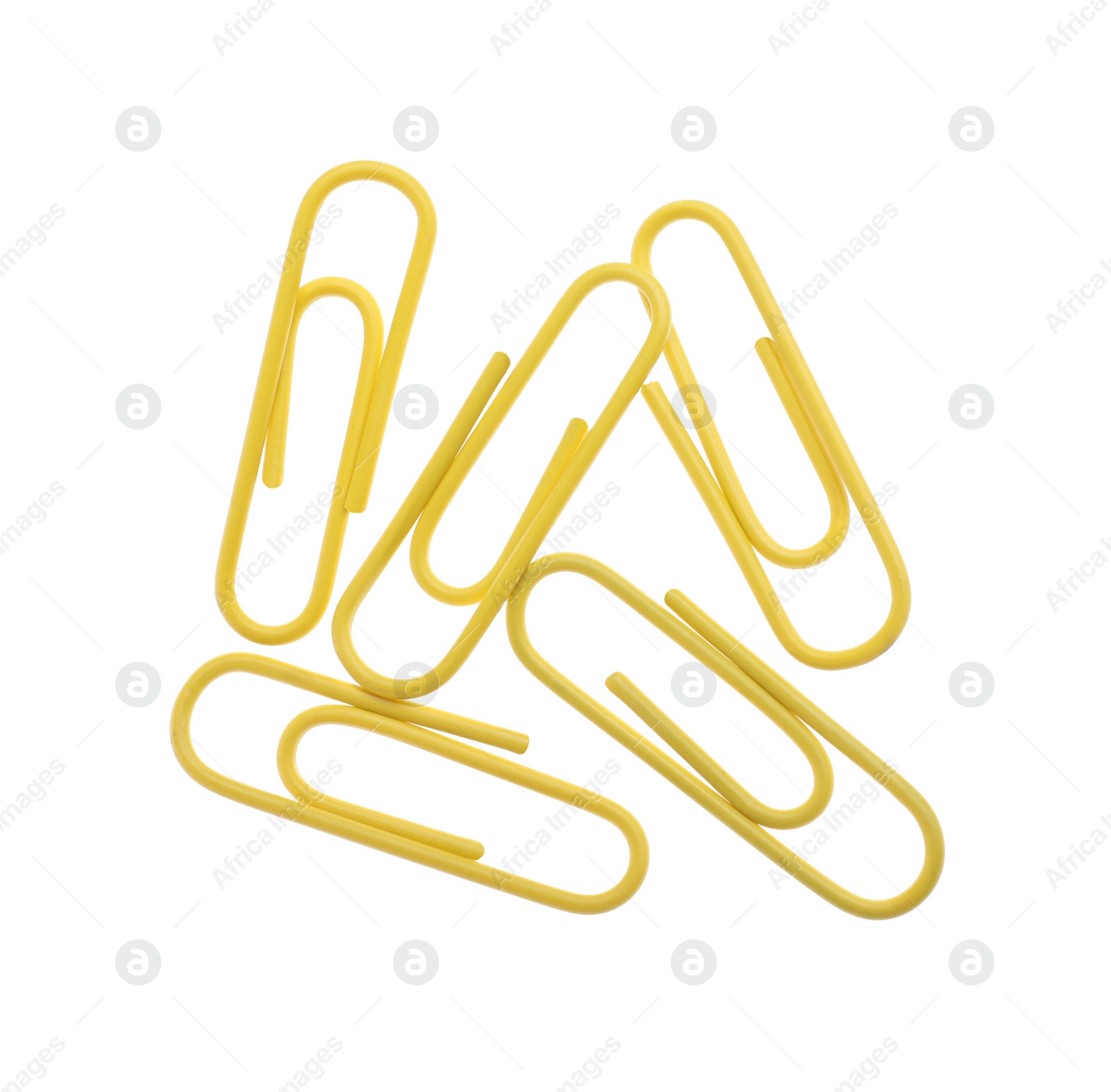 Photo of Colorful paper clips isolated on white, top view. School stationery