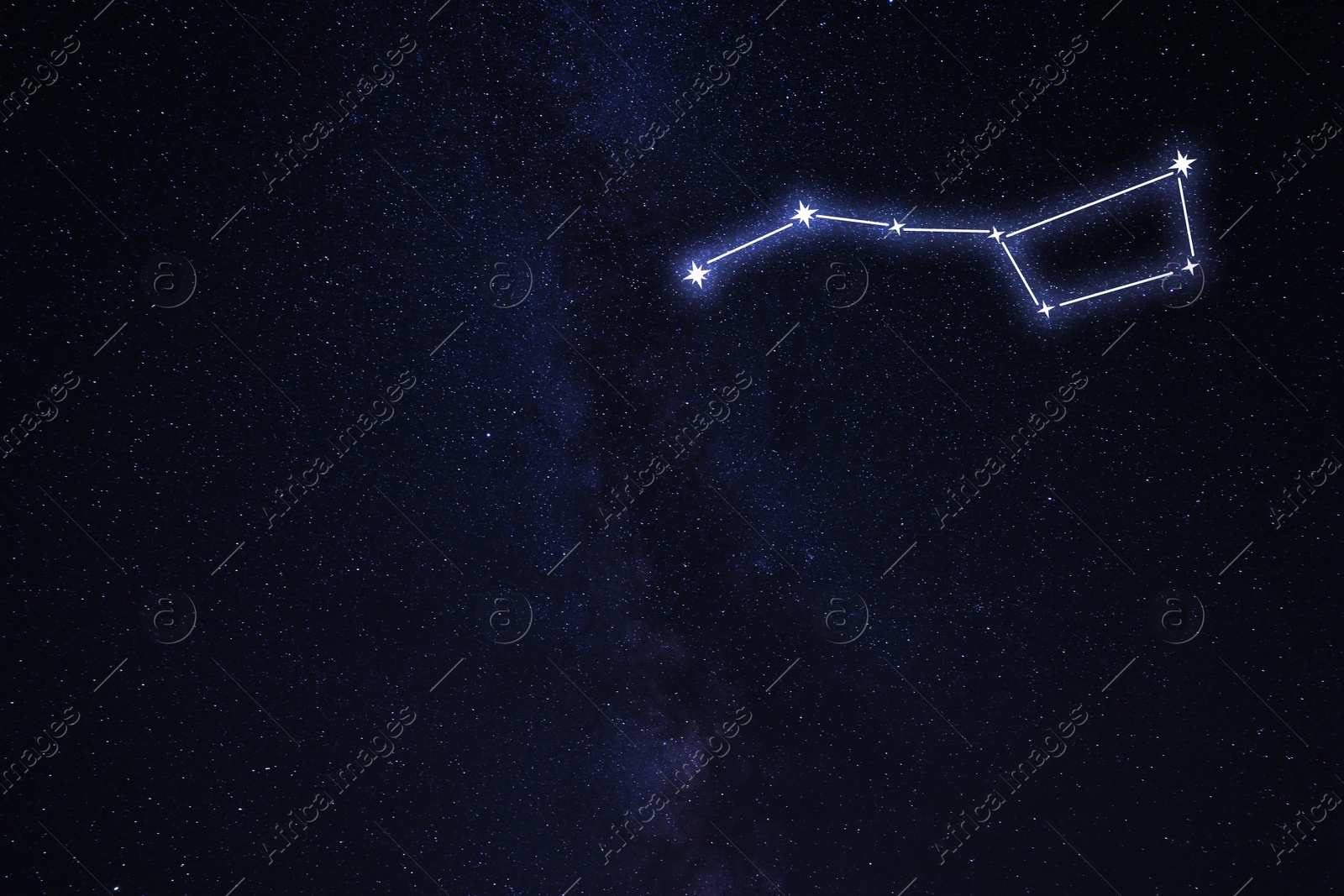 Image of Big Dipper constellation. Stick figure pattern in starry night sky