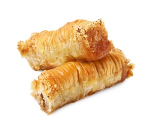 Photo of Eastern sweets. Pieces of tasty baklava isolated on white