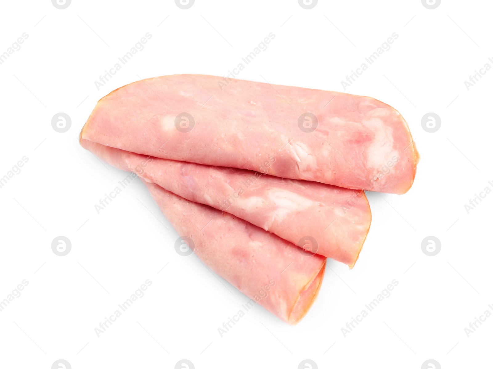 Photo of Slices of tasty fresh ham isolated on white, top view