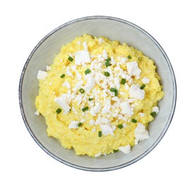 Tasty banosh with brynza and cut green onions in bowl isolated on white. Traditional Ukrainian dish