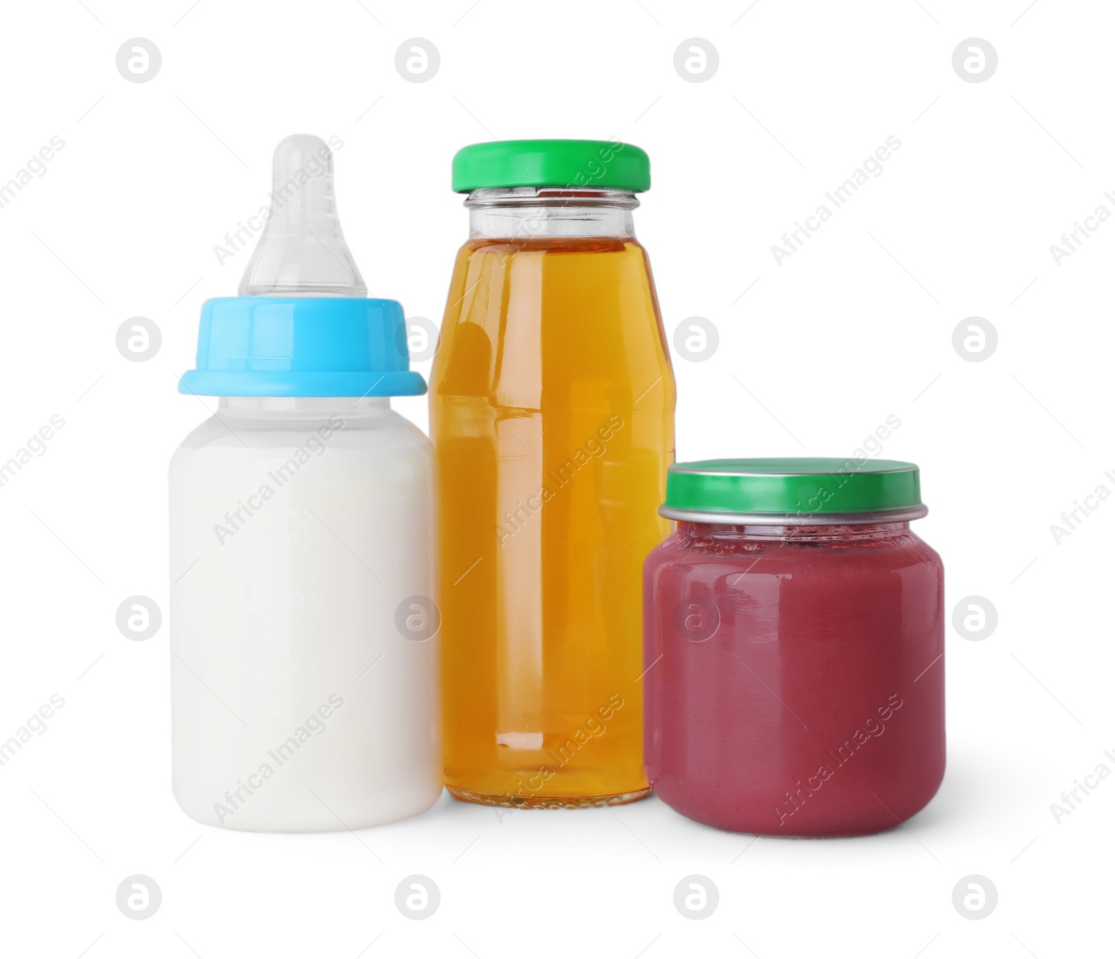 Photo of Healthy baby food, bottles with milk and juice on light grey background