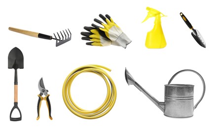 Image of Set with different gardening tools on white background. Banner design