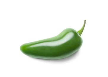 Photo of Ripe green hot chili pepper on white background, top view