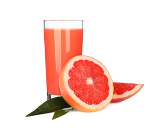 Photo of Tasty grapefruit juice in glass, leaves and fresh fruit isolated on white