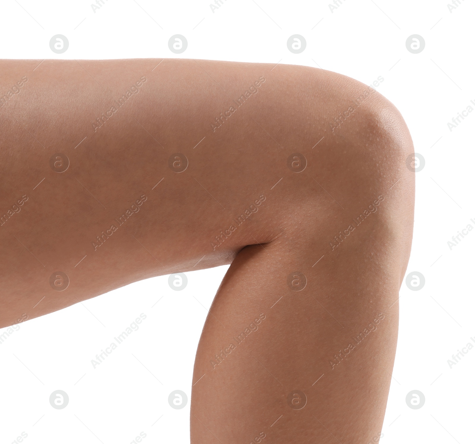 Photo of Woman with slim legs on white background, closeup